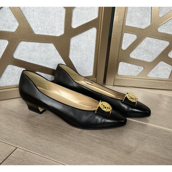 New Calico 80s black leather Gold Granny Grandmacore low Heels Shoes pumps 7.5 m - Picture 1 of 9